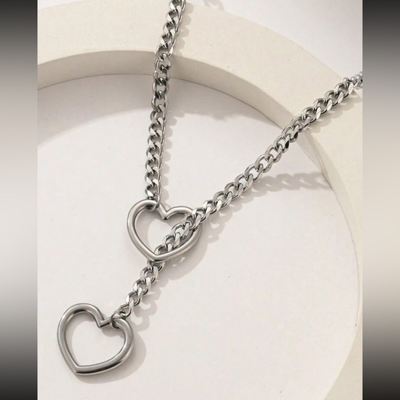 1pc Silver Heart Chain Necklace Punk Style Hollow Heart Chain Necklace - Picture 1 of 4